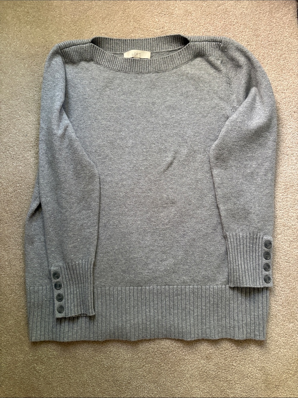LOFT Gray Crewneck Sweater with Button Cuffs